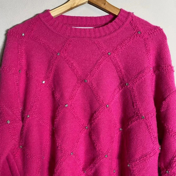 NWT Nanette Lepore Bedazzled Cable Knit Crewneck Pullover Sweater Women's M Pink - Picture 6 of 14
